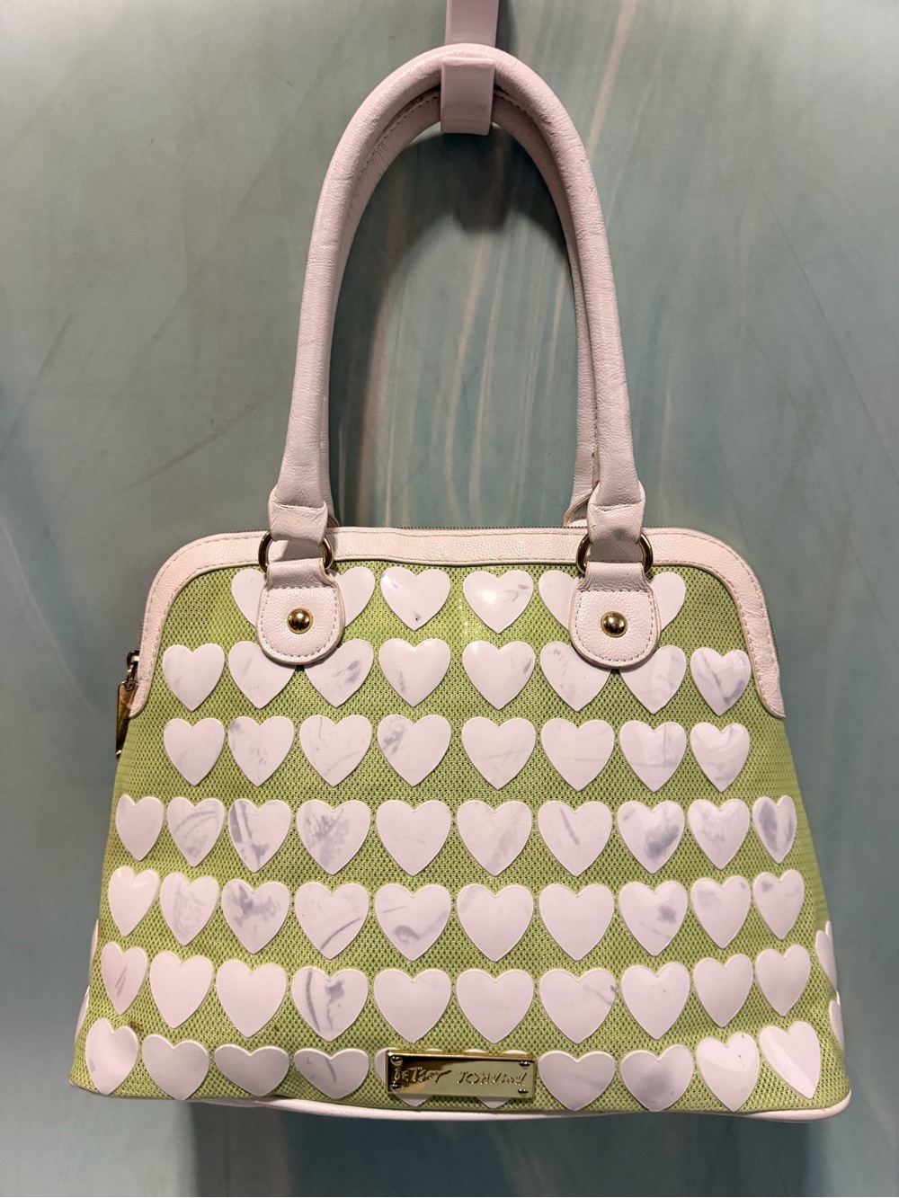 Betsey Johnson White & Lime Heart-Accent Satchel Bag